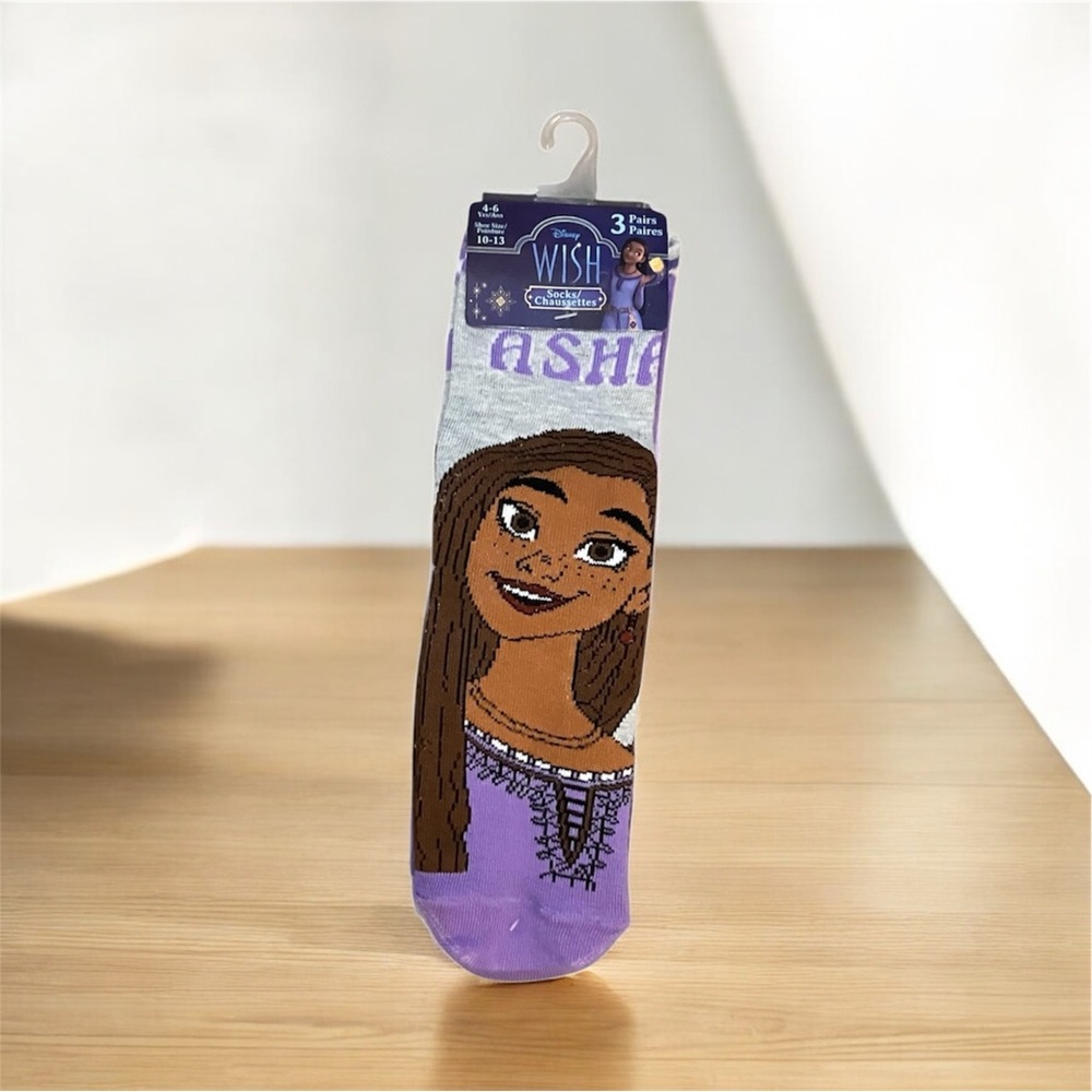 NEW Disney Wish Princess Crew Socks 3 Pairs Shoe Size 10-13 Kid Girl's Asha